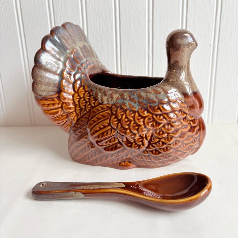 Vintage Glazed Ceramic Turkey Gravy Boat, Cranberry or Candy Dish Thanksgiving